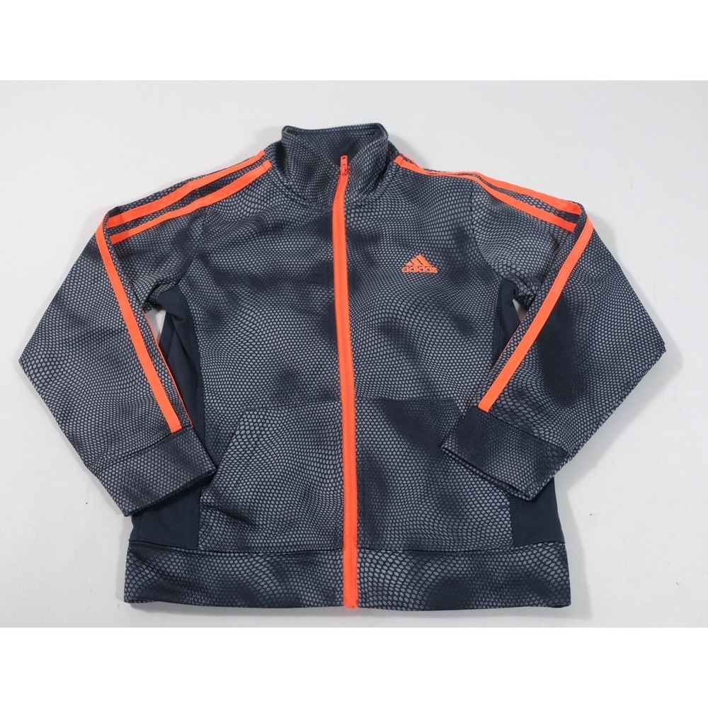 Adidas Track Jacket Kids 6 Grey Orange Full Zip Hexagon Pattern Activewear